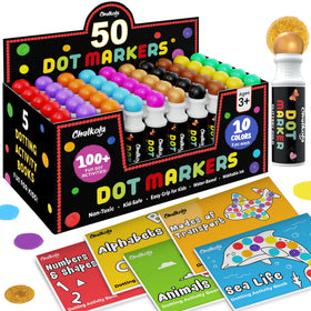 Chalkola 50 dot markers bulk classroom pack in use on a whiteboard for group art