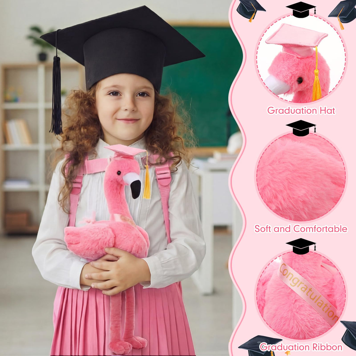 Chalyna flamingo plush sash and tassel — celebratory graduation detail.