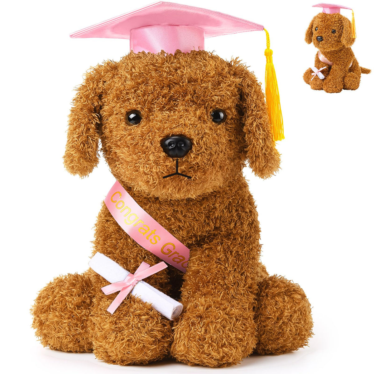 Chalyna graduation dog plush with hat, diploma and sash for milestones