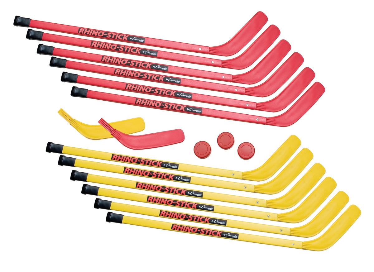 Champion Sports RHINO Stick elementary hockey set features 36-inch sticks with floor-friendly blades for youth play.