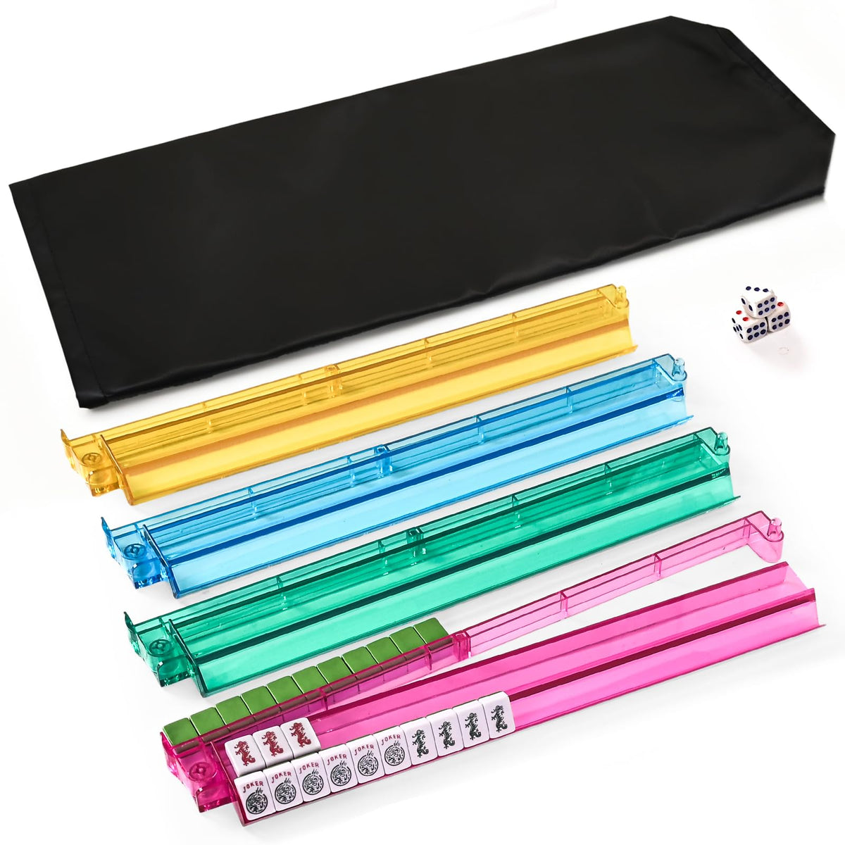 ChamThingzeal Mahjong Racks with Pushers four-pack ready for travel.