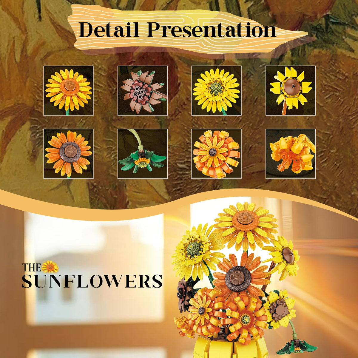 Chanbrick Sunflower Building Set: artistic display for bedroom or study.