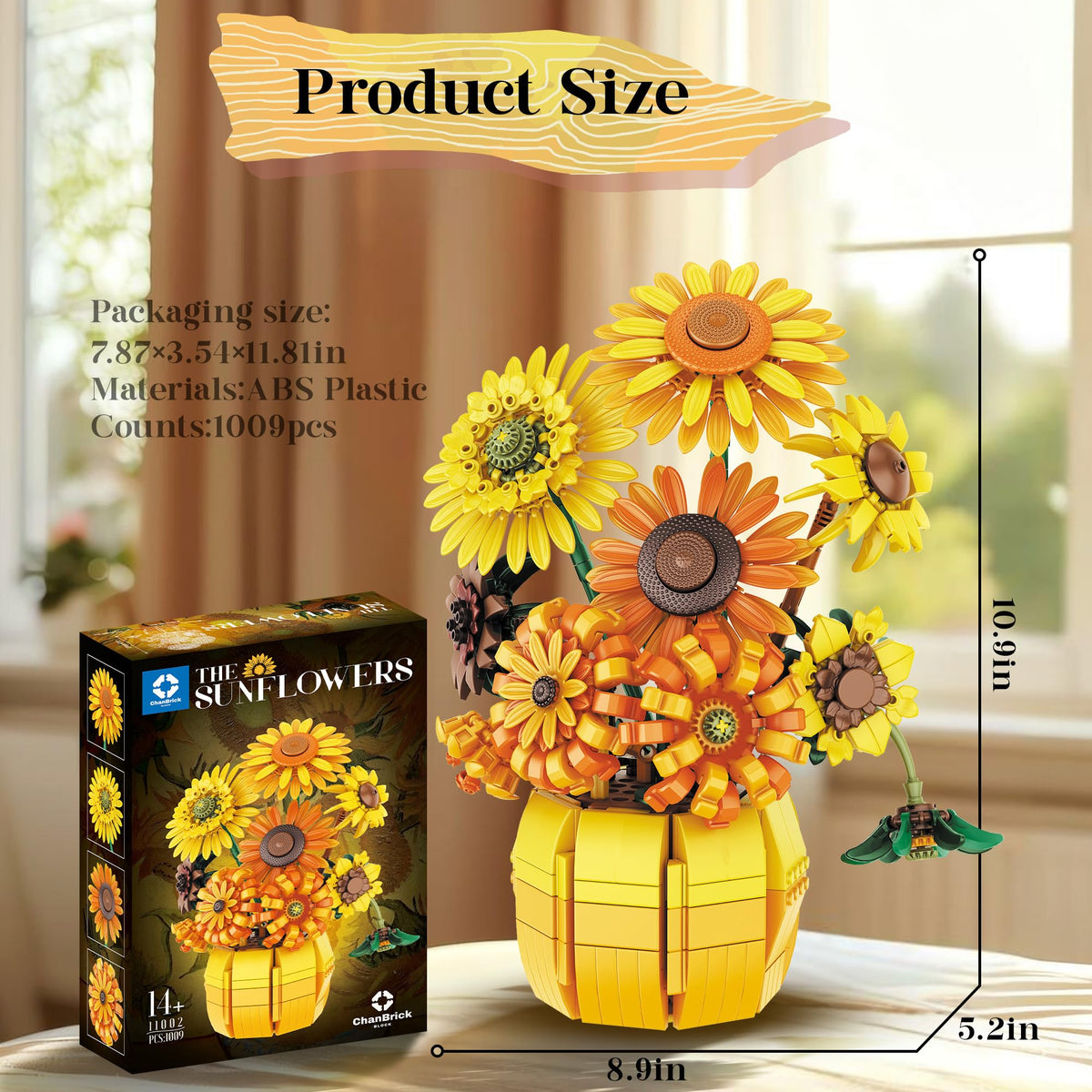 Chanbrick Sunflower Building Set: assembly guide and 1009 ABS bricks for easy building.