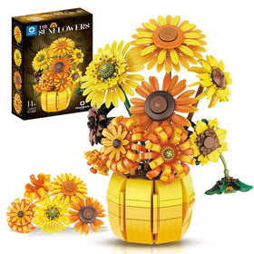 Chanbrick Sunflower Building Set: flowers with vase displayed as elegant 3D decor.