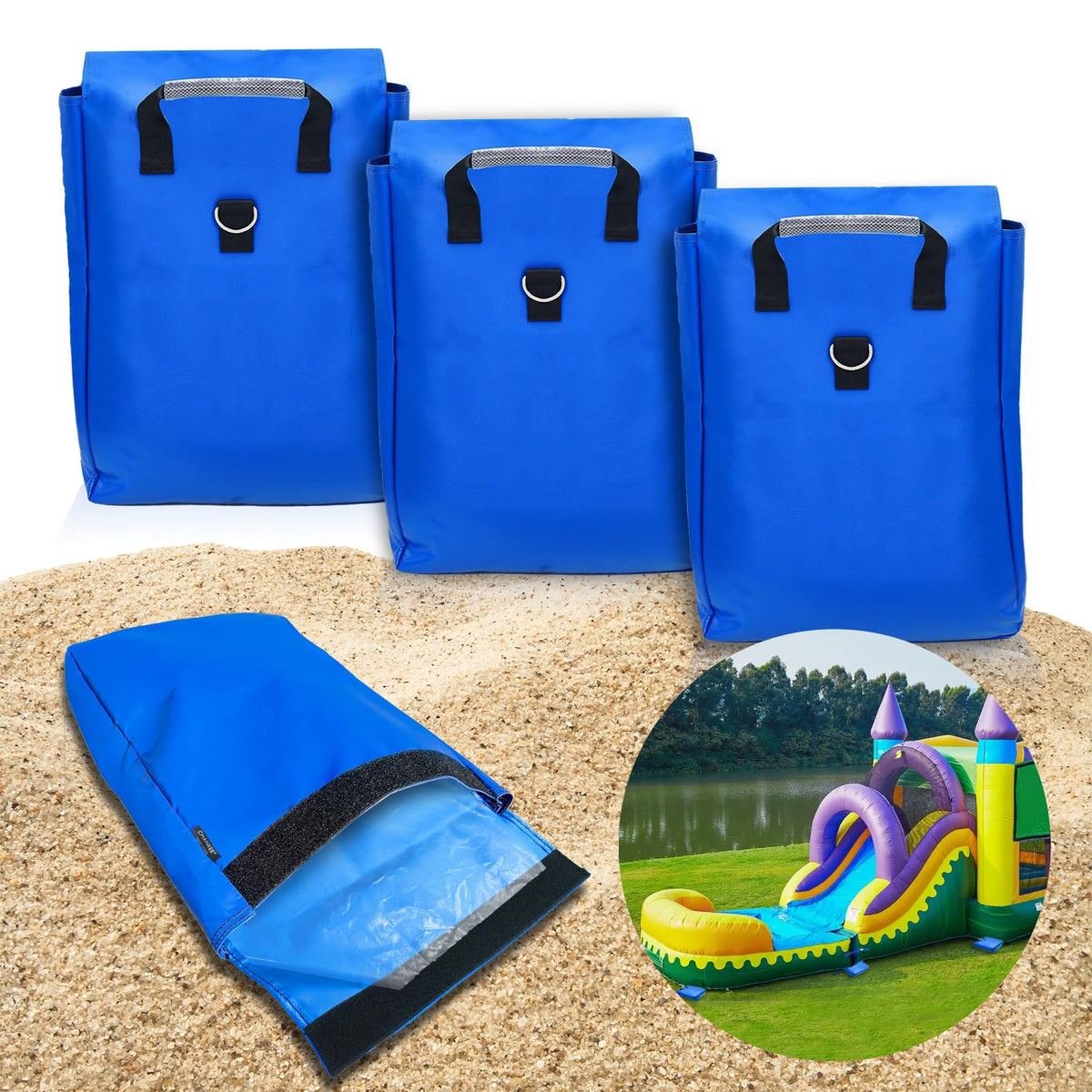 Chankee vinyl sandbags with handles anchor outdoor inflatables securely.