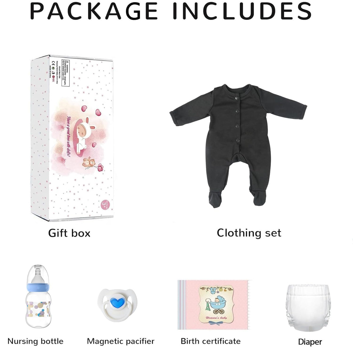 CHAREX Reborn pacifier bottle and diaper showing complete care set