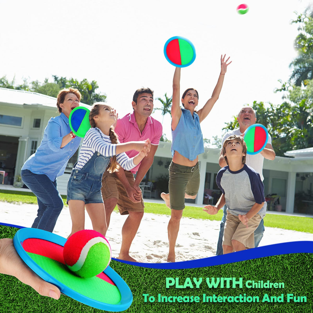 Charniol contents image showing 12 paddles and 6 balls for shared play