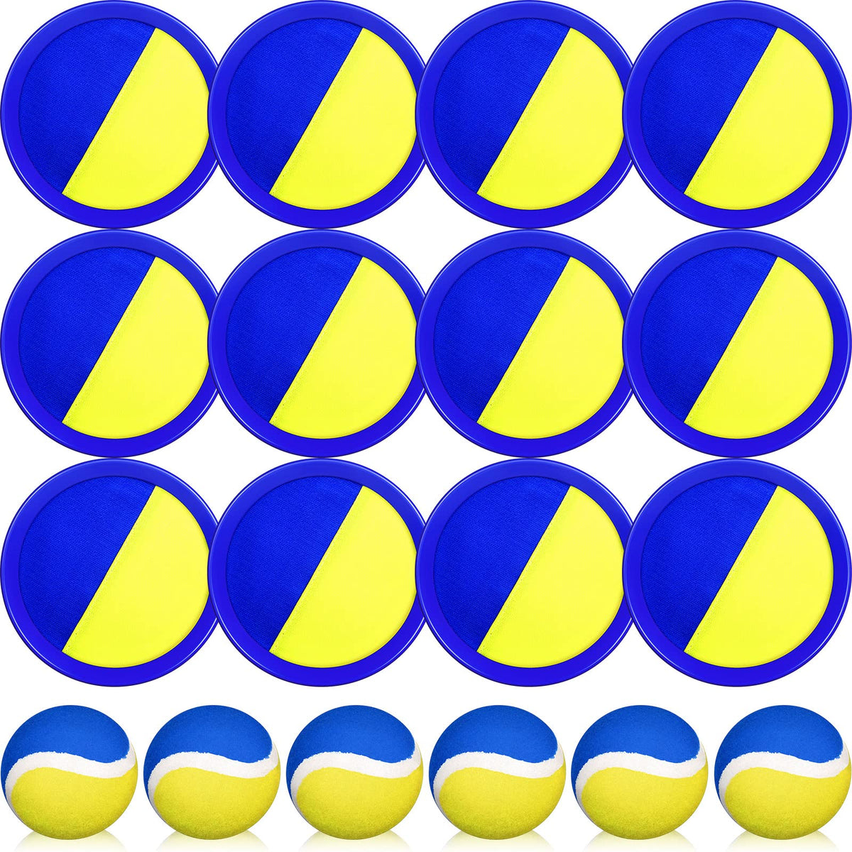 Charniol paddles blue and yellow for kids toss and catch play outdoors.