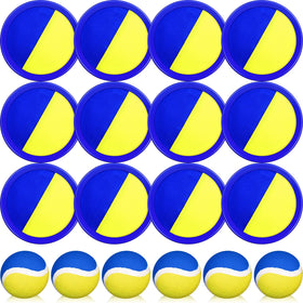 Charniol paddles blue and yellow for kids toss and catch play outdoors.