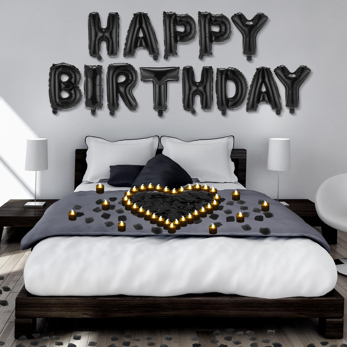 Charnoel black Happy Birthday banner letters displayed for elegant party decor