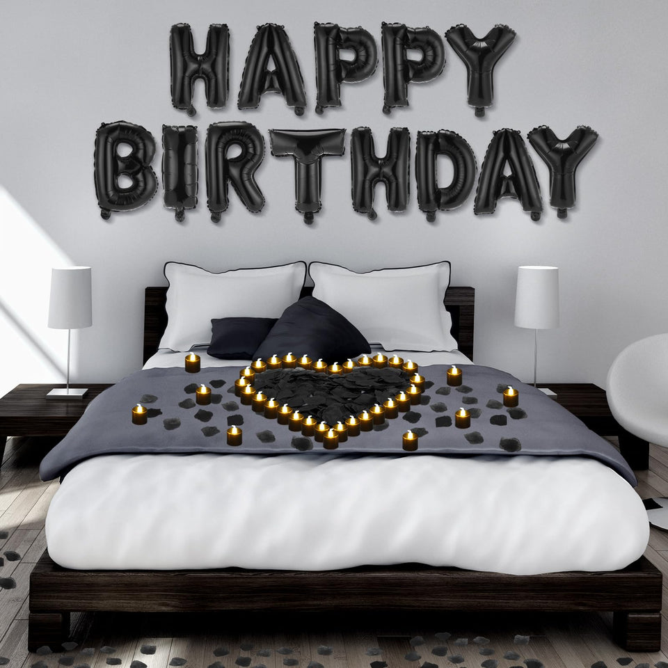 Charnoel black Happy Birthday banner letters displayed for elegant party decor