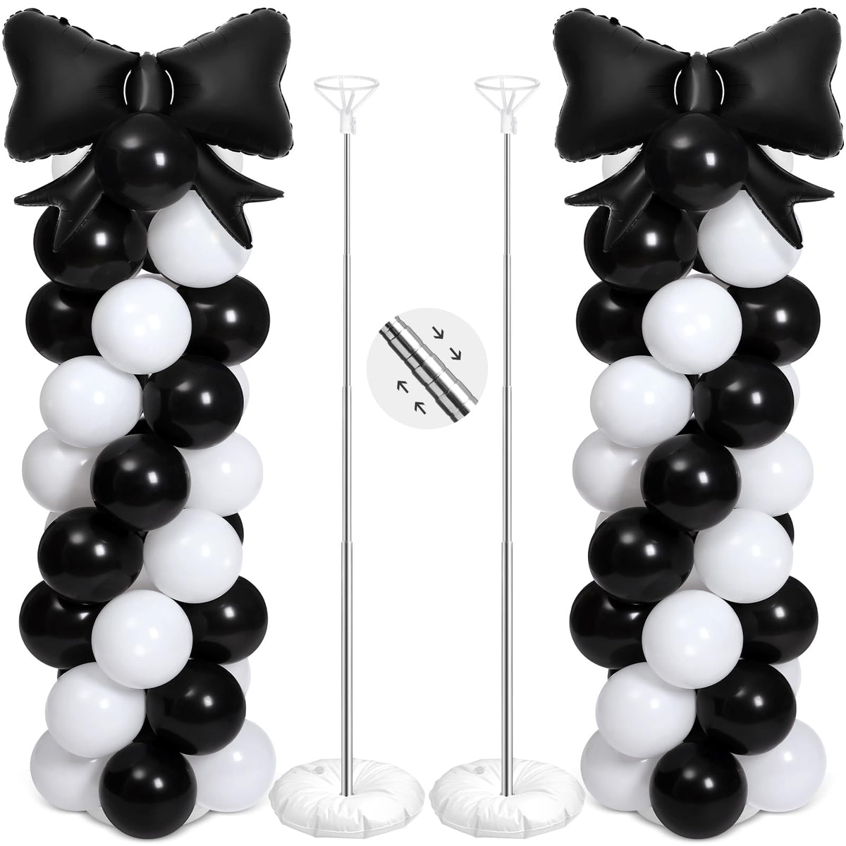 Charnoel black-white bow balloon column stand assembly enhances backdrops