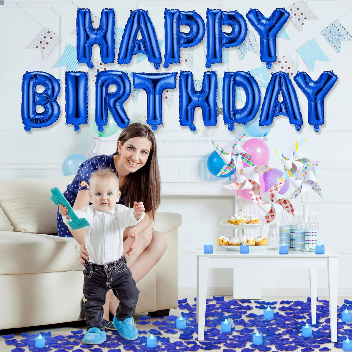 Charnoel blue birthday petals enhance tables and floors with color