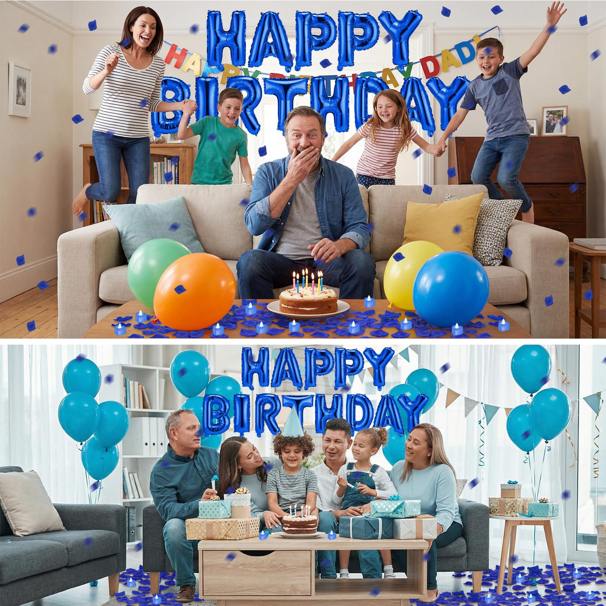 Charnoel blue foil letters form a clear Happy Birthday sign
