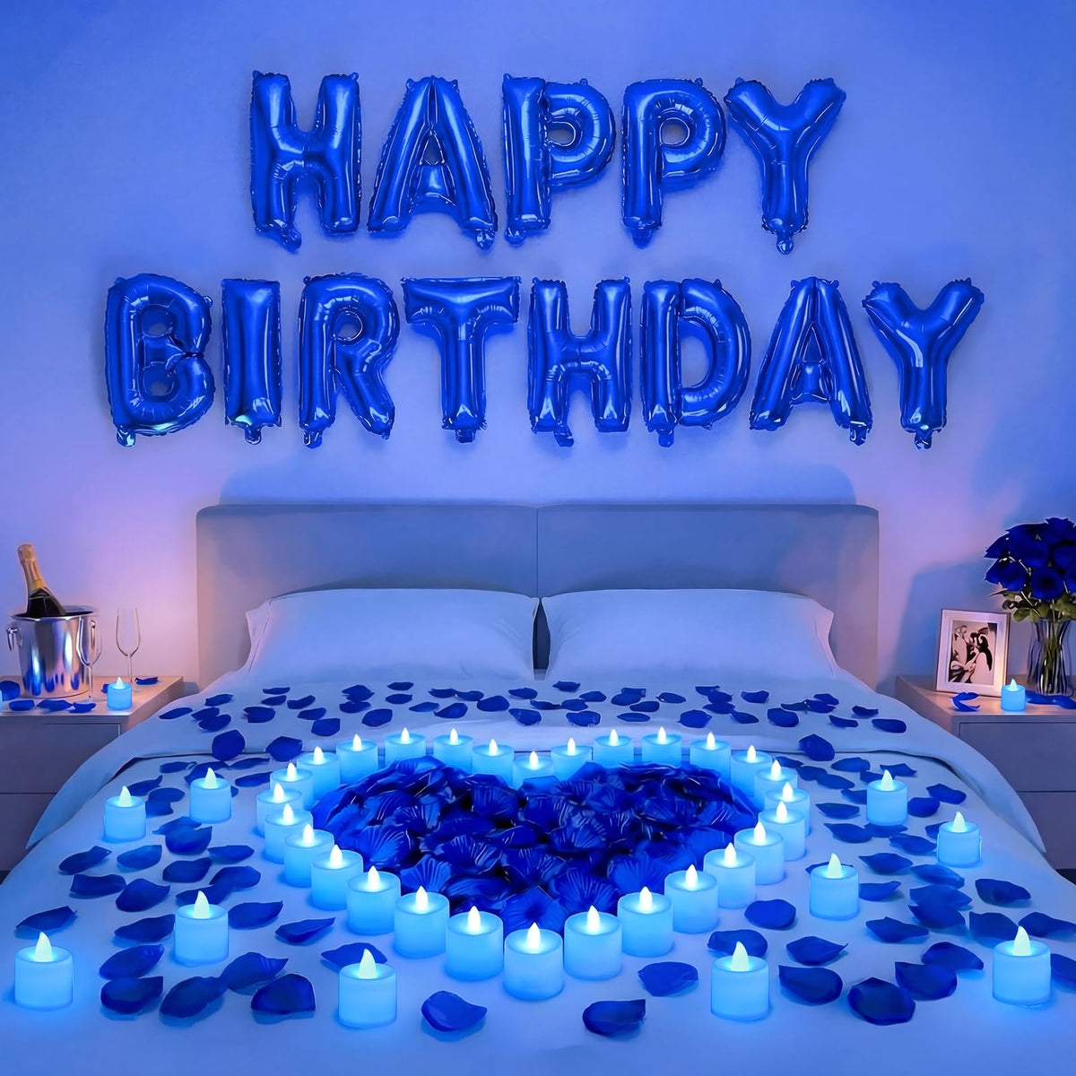 Charnoel blue happy birthday banner letters create a vibrant party focal point.