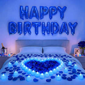 Charnoel blue happy birthday banner letters create a vibrant party focal point.