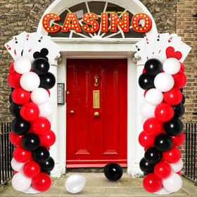 Charnoel red black white balloons deliver bold casino vibes for events.