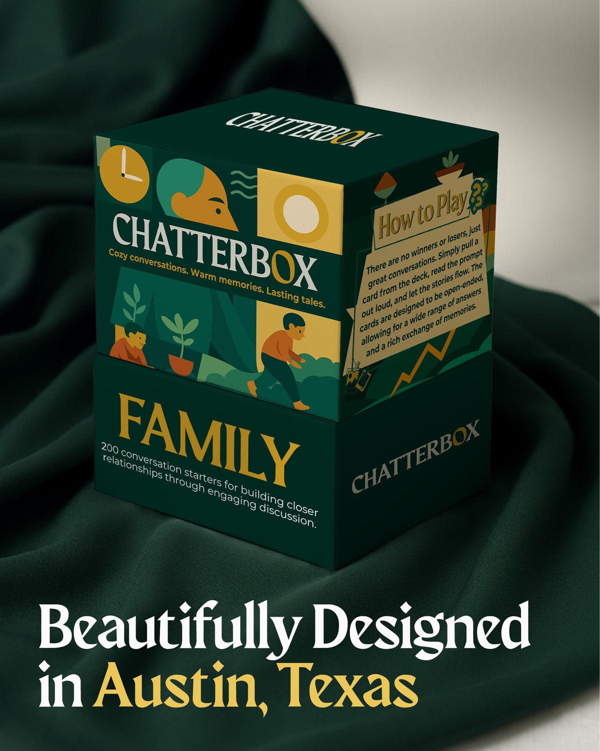 Family reunion scene with Chatterbox cards encouraging shared life stories