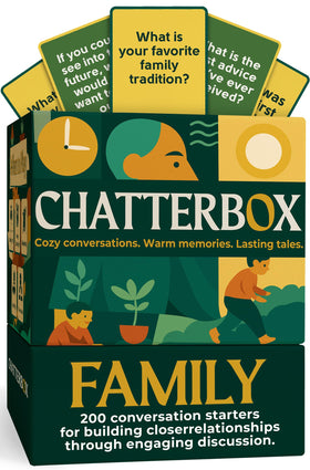 Chatterbox Conversation Cards spread on table inviting family storytelling