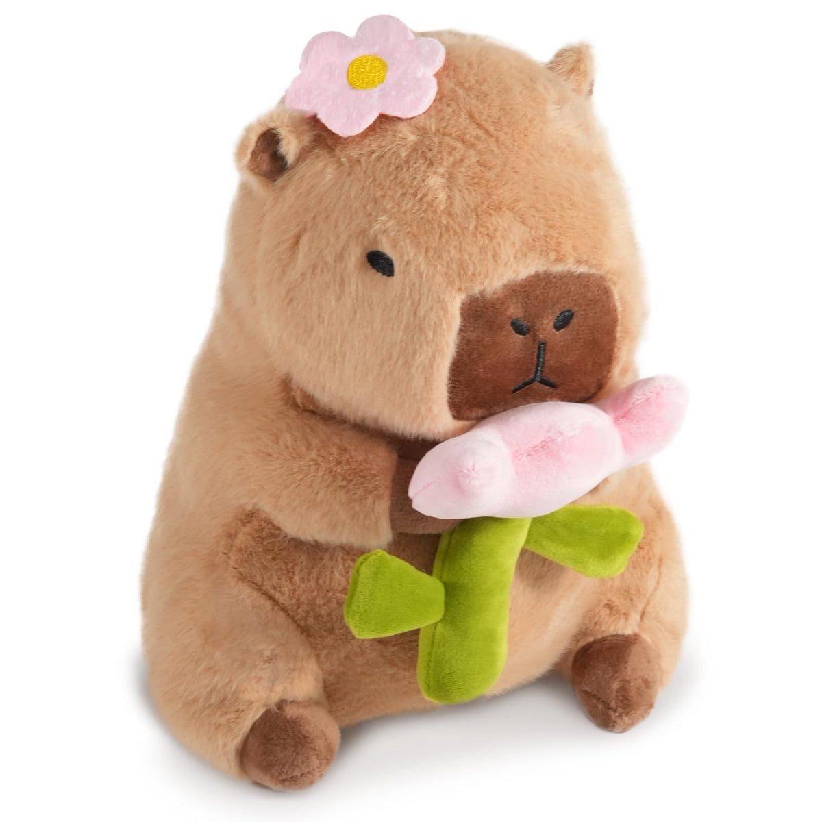 CHDBLOCK Flower Capybara Plush with tulip in paws, playful design for kids and collectors