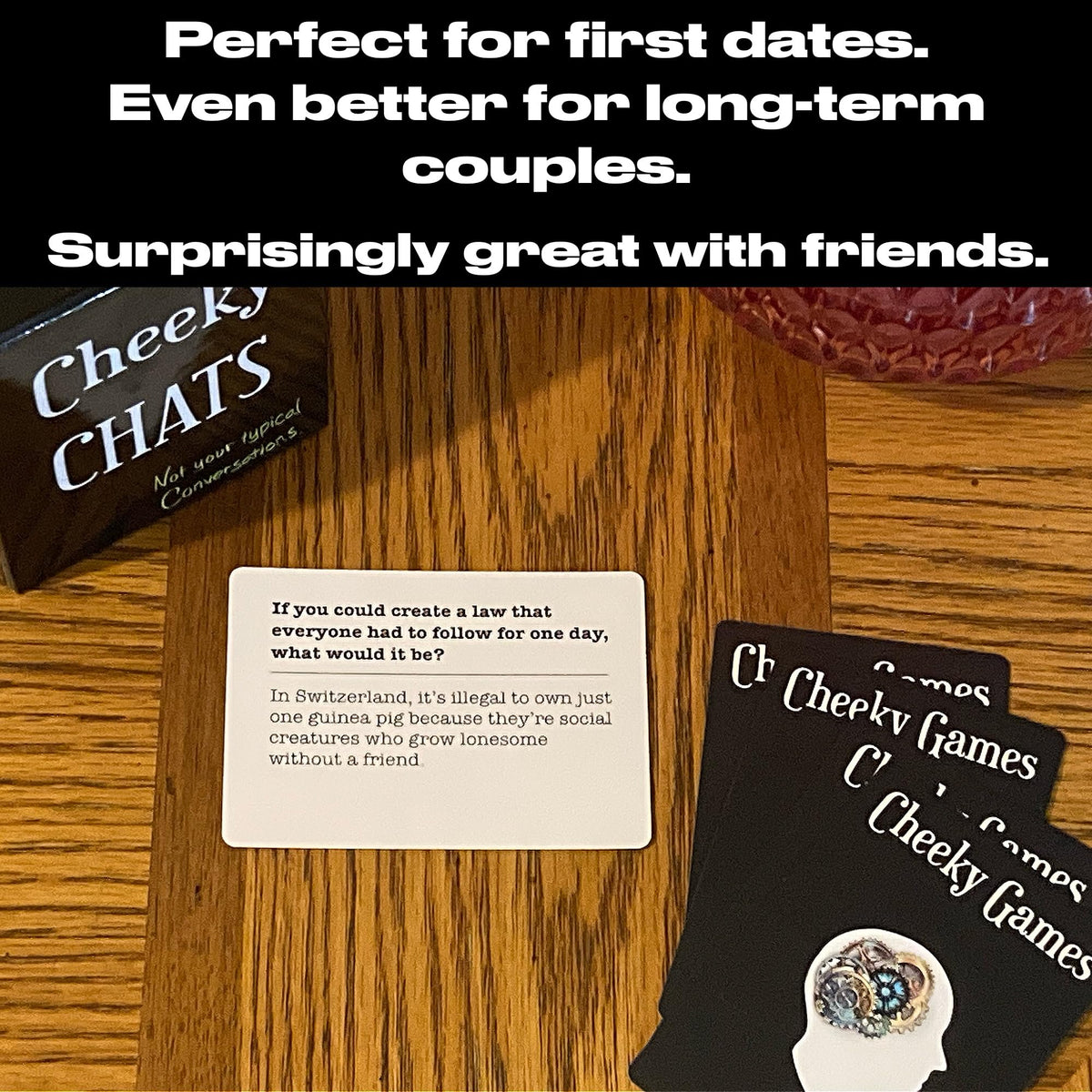 Cheeky Chats dinner-table setup sparks game-night storytelling and smiles.