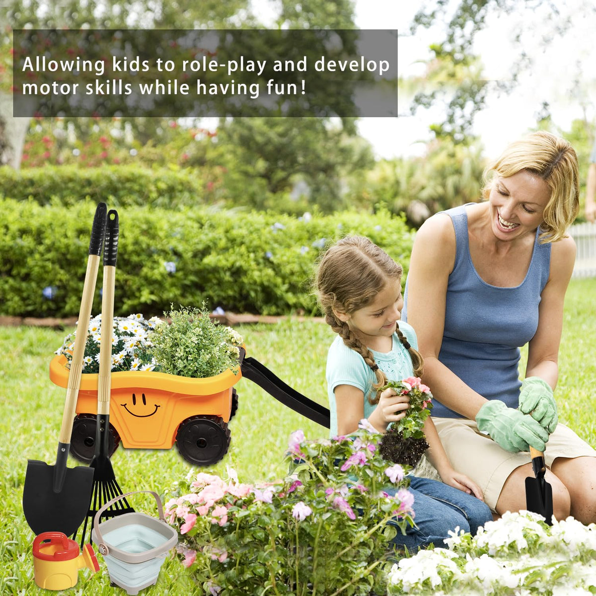 CHEERBANK kids outdoor play scene in yard with tools and nature