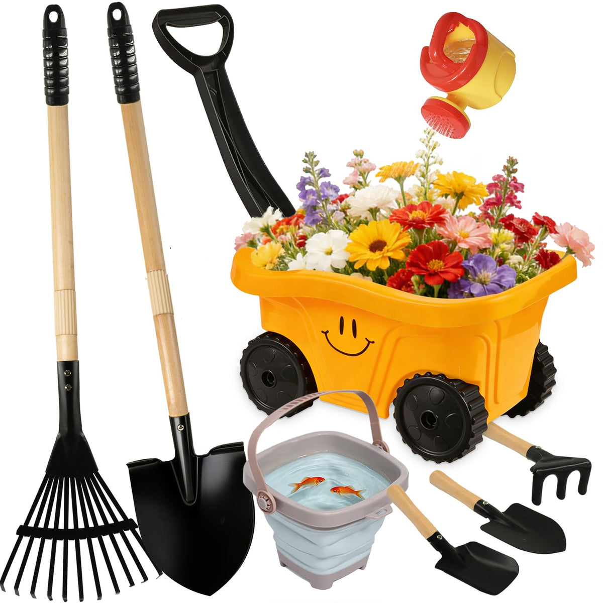 CHEERBANK toddler rake wheelbarrow set promotes backyard exploration and imaginative outdoor play