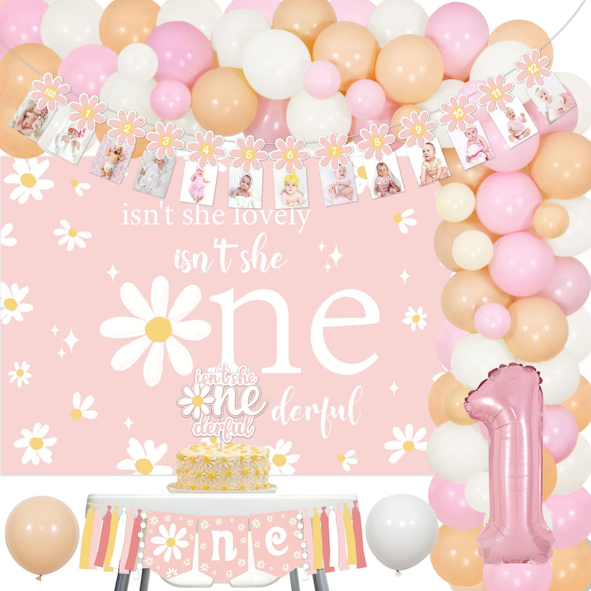 Cheereveal daisy 1st birthday backdrop for adorable photo ops and a cohesive party look.