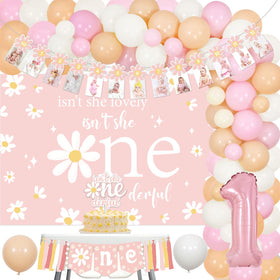 Cheereveal daisy 1st birthday backdrop for adorable photo ops and a cohesive party look.