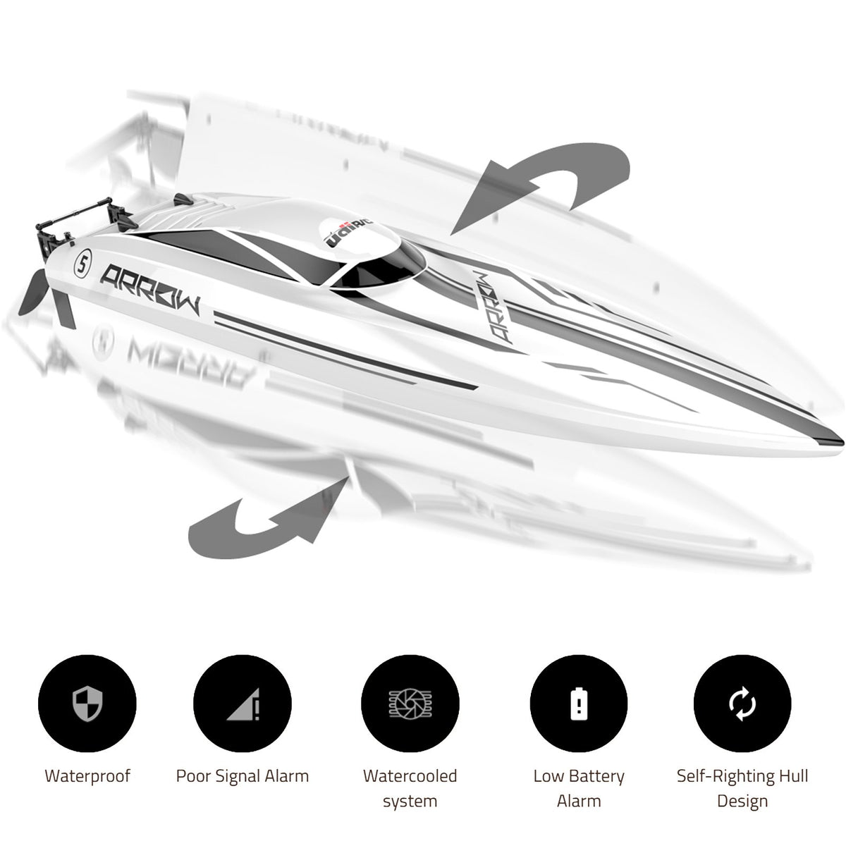Cheerwing RC boat self-righting after a capsize for quick return to action