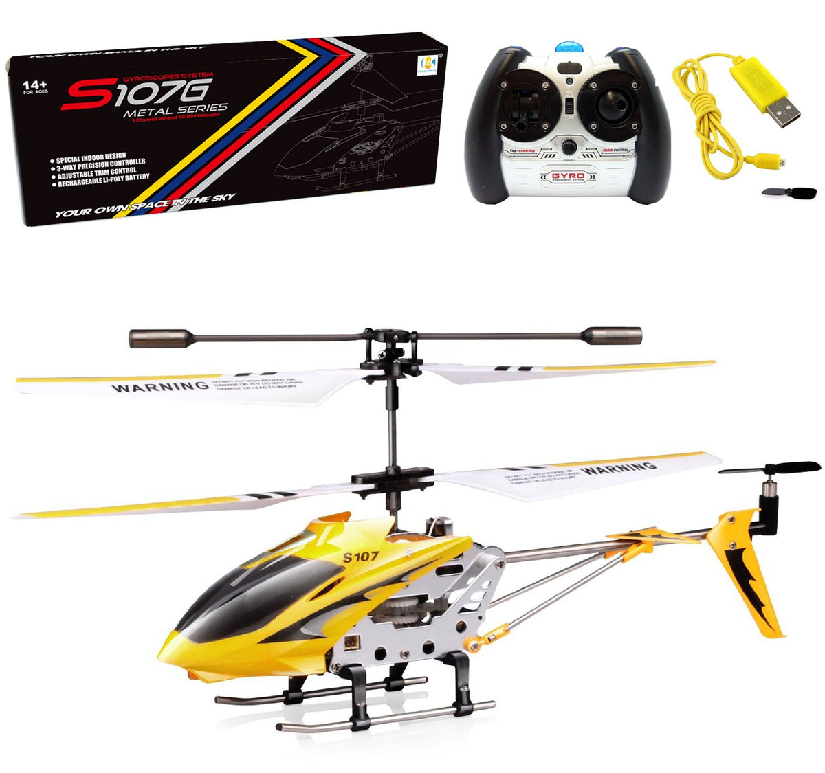 Cheerwing S107 Phantom yellow front view shows compact indoor flyer with gyro stability.