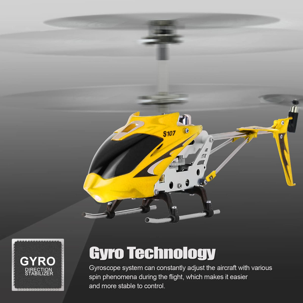 Cheerwing S107 Phantom yellow gyro detail illustrates stabilized steering for smoother flights.