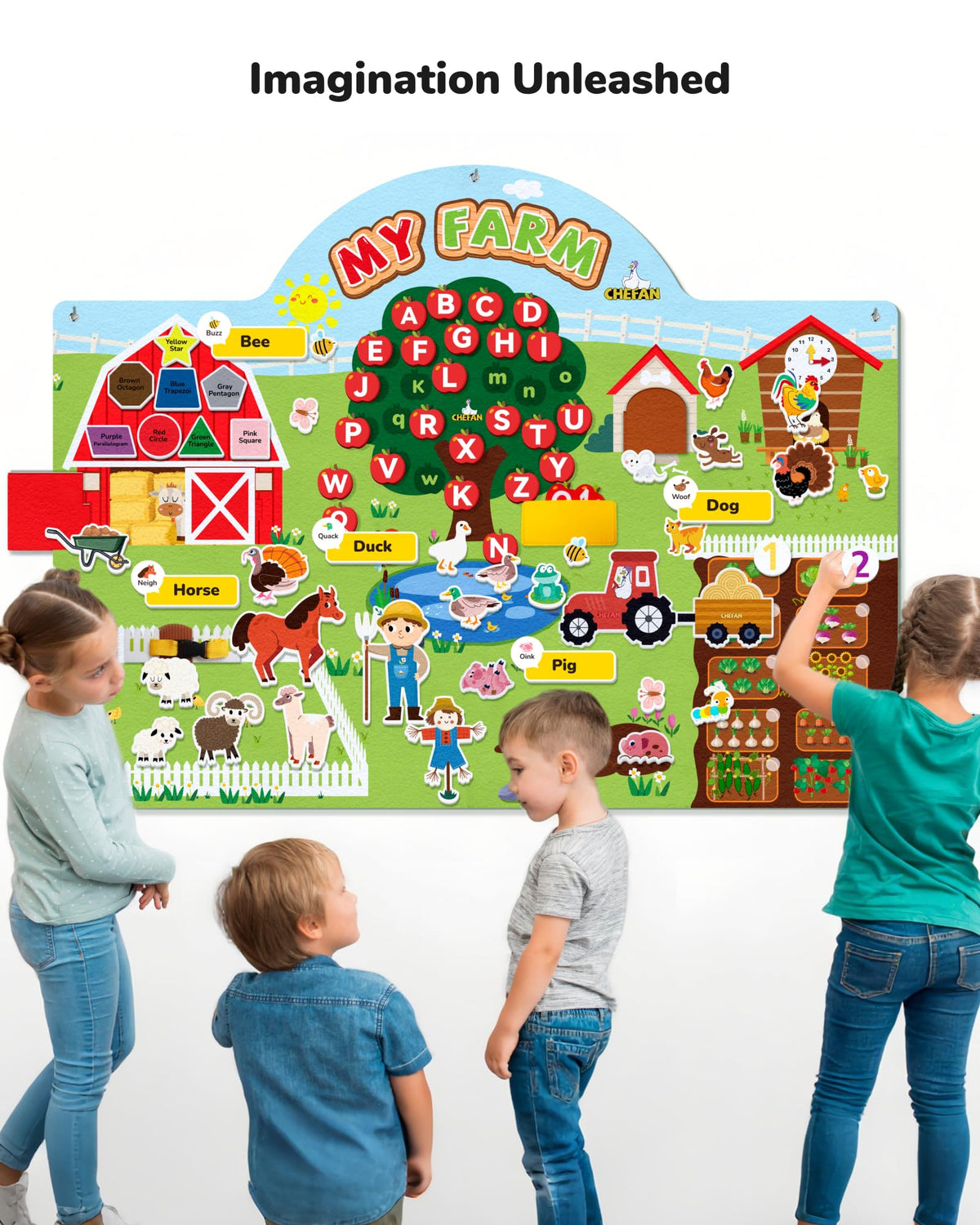 CHEFAN alphabet trees clocks and vegetables support early literacy and counting.