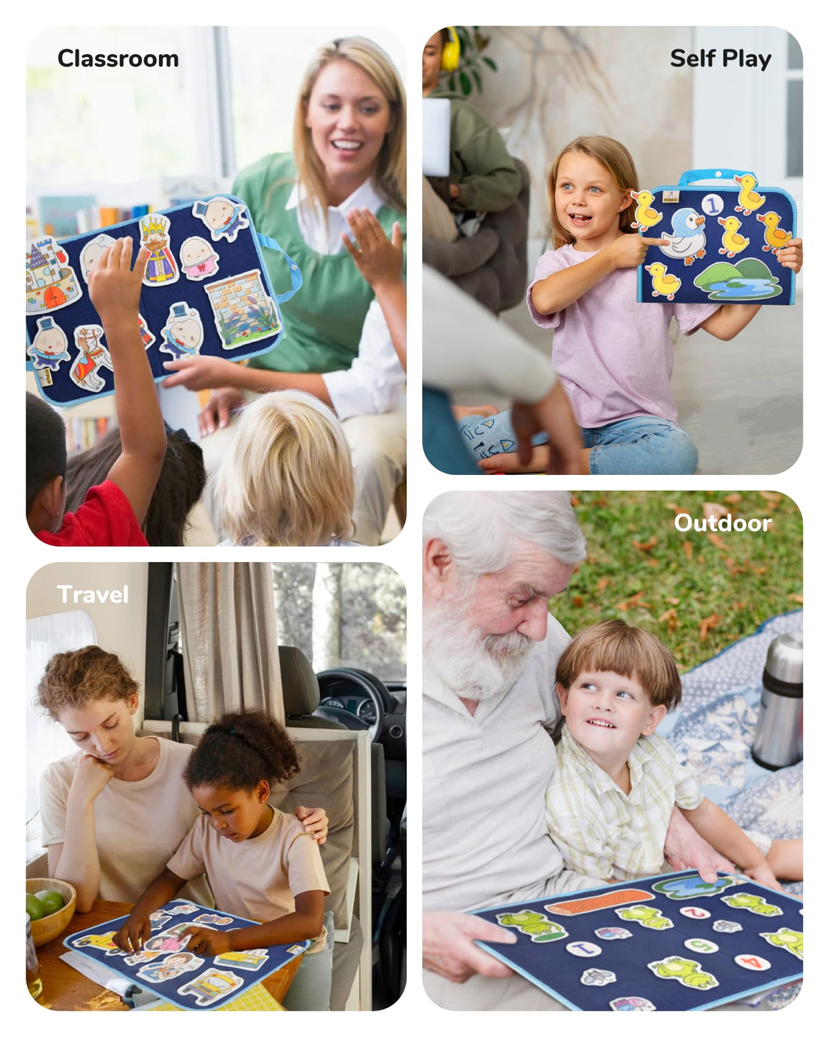CHEFAN Flannel board with pockets keeps pieces organized for on-the-go play.