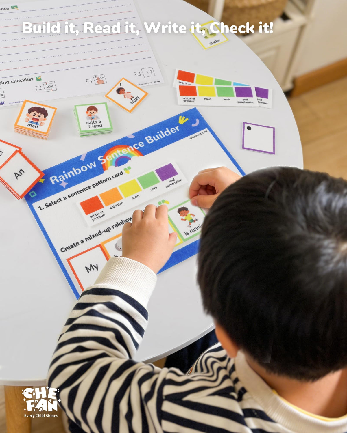 CHEFAN wipe-clean writing board supports practice with capitalization and punctuation.