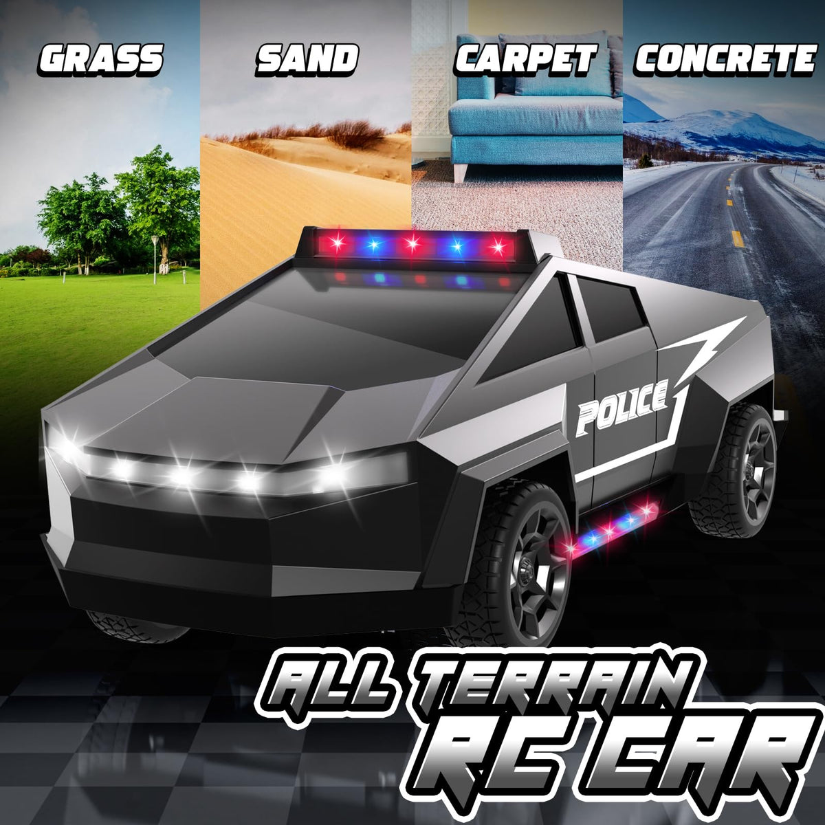 Cheffun police car RC with 4WD drives smoothly across terrains