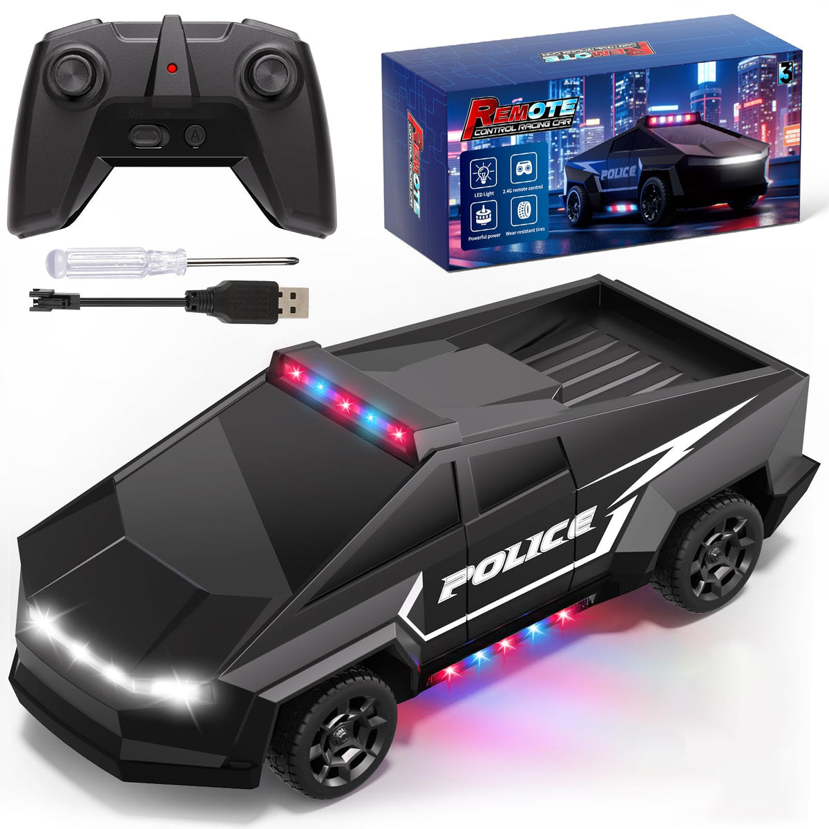 Cheffun police car RC with front lights for thrilling nighttime play