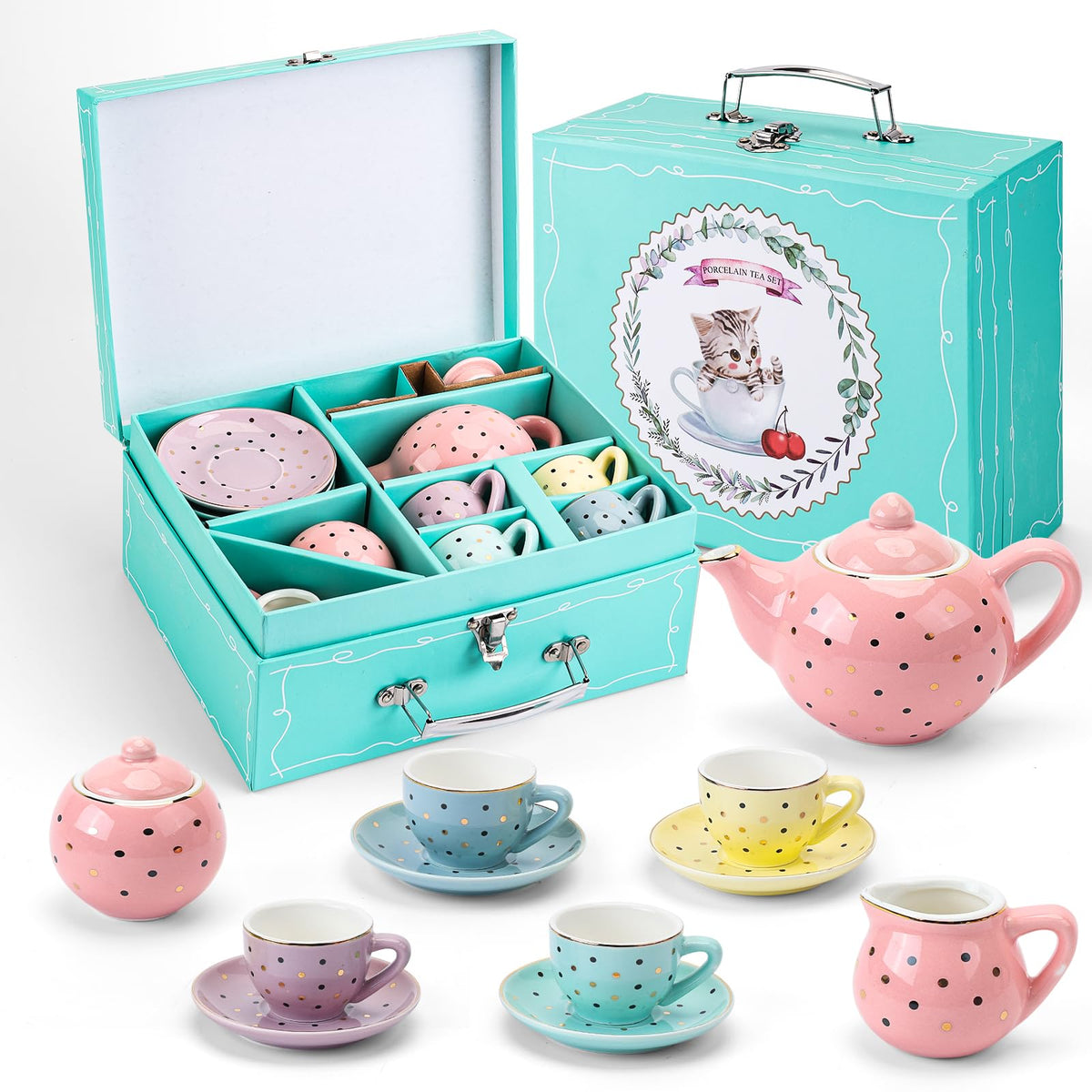 CHENP.HMC porcelain tea set for girls with polka dots, ideal for imaginative play
