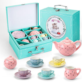 CHENP.HMC porcelain tea set for girls with polka dots, ideal for imaginative play