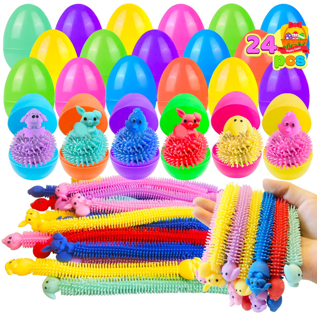 Cherislpy 24-pack Easter eggs filled with bunny stretchy strings for Easter baskets.