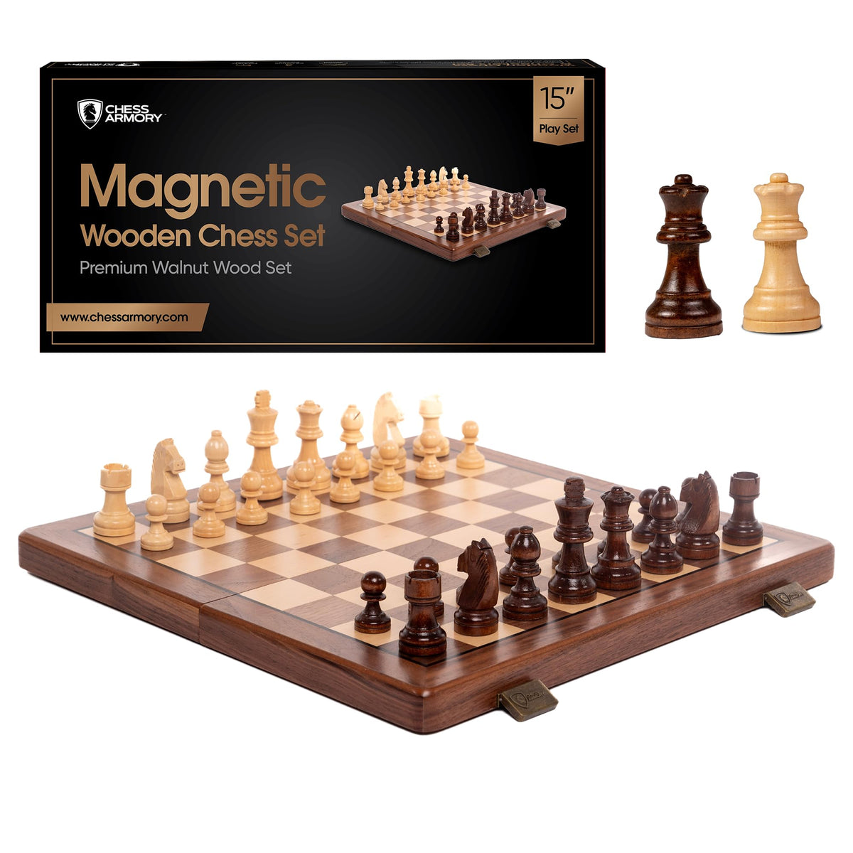 Chess Armory 15-inch magnetic set on walnut board with sturdy playing surface.