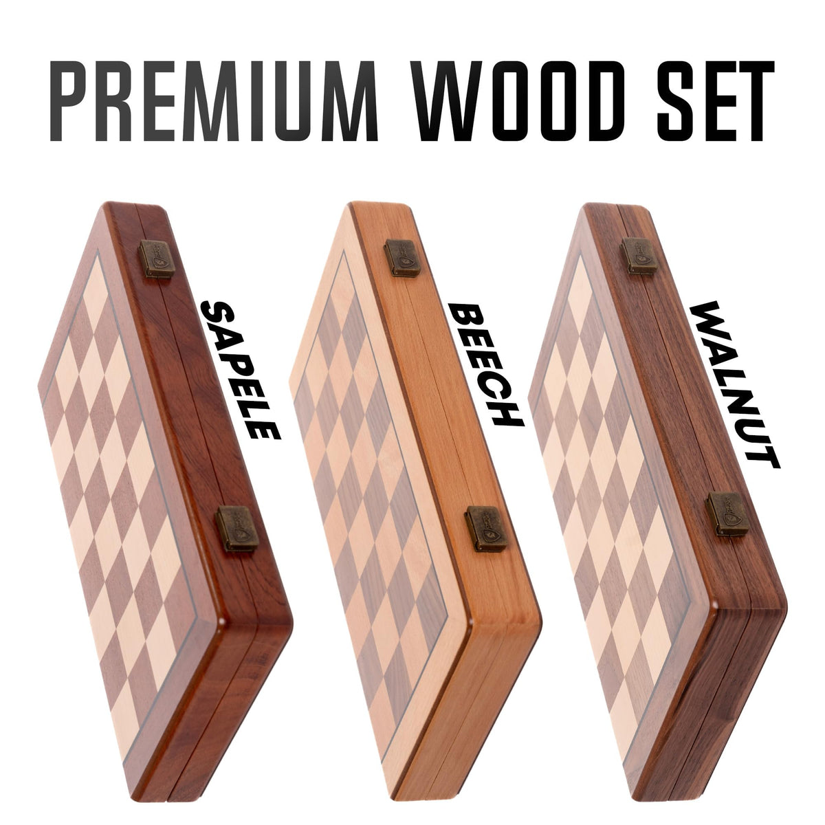 Chess Armory walnut board close-up with beveled edges and maple-walnut surface.