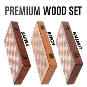 Chess Armory walnut board close-up with beveled edges and maple-walnut surface.