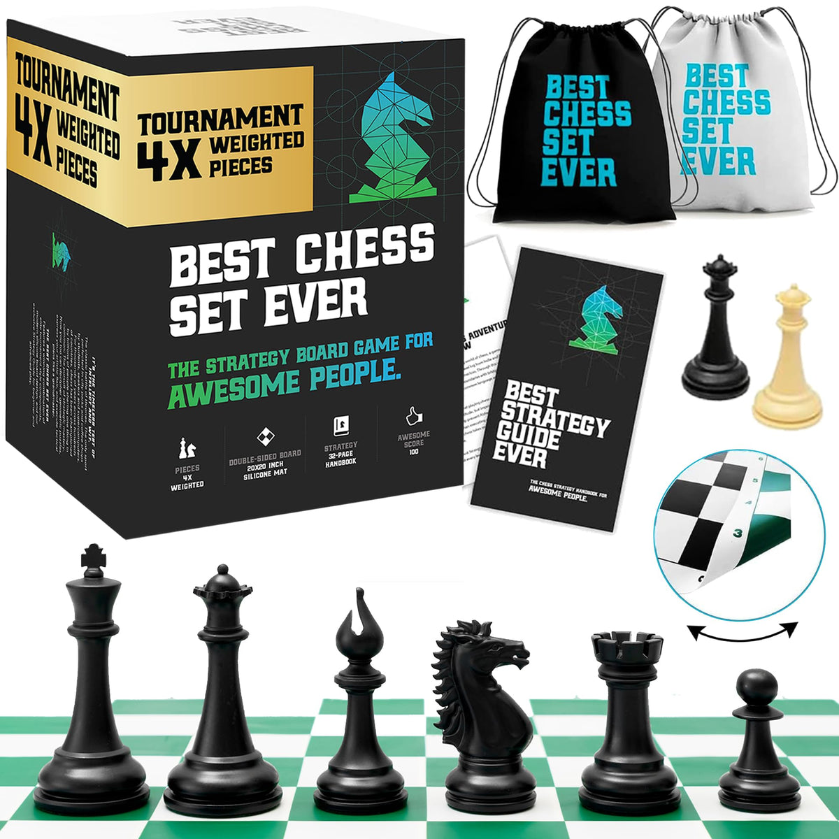 Chess Geeks Best Chess Set Ever with weighted Staunton pieces for confident play.