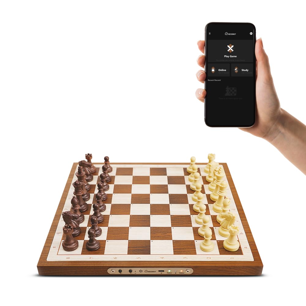 Chessnut Air handcrafted wooden board with LED indicators showing moves for clear play.