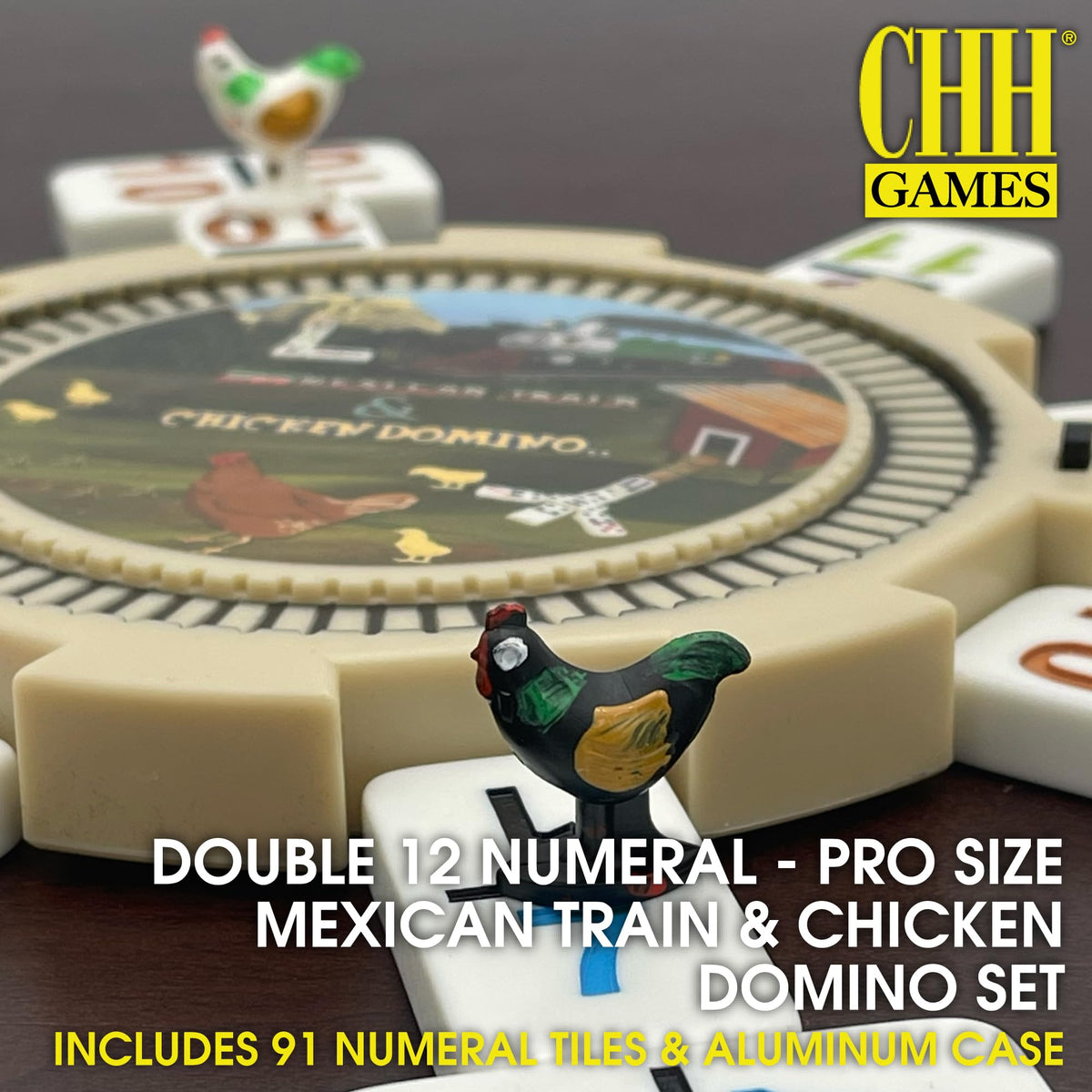 CHH aluminum carrying case close-up, durable storage for dominoes and accessories.