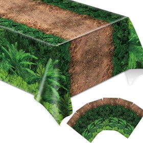 Chiazllta forest path tablecloth with dinosaur design for kids' party decor.