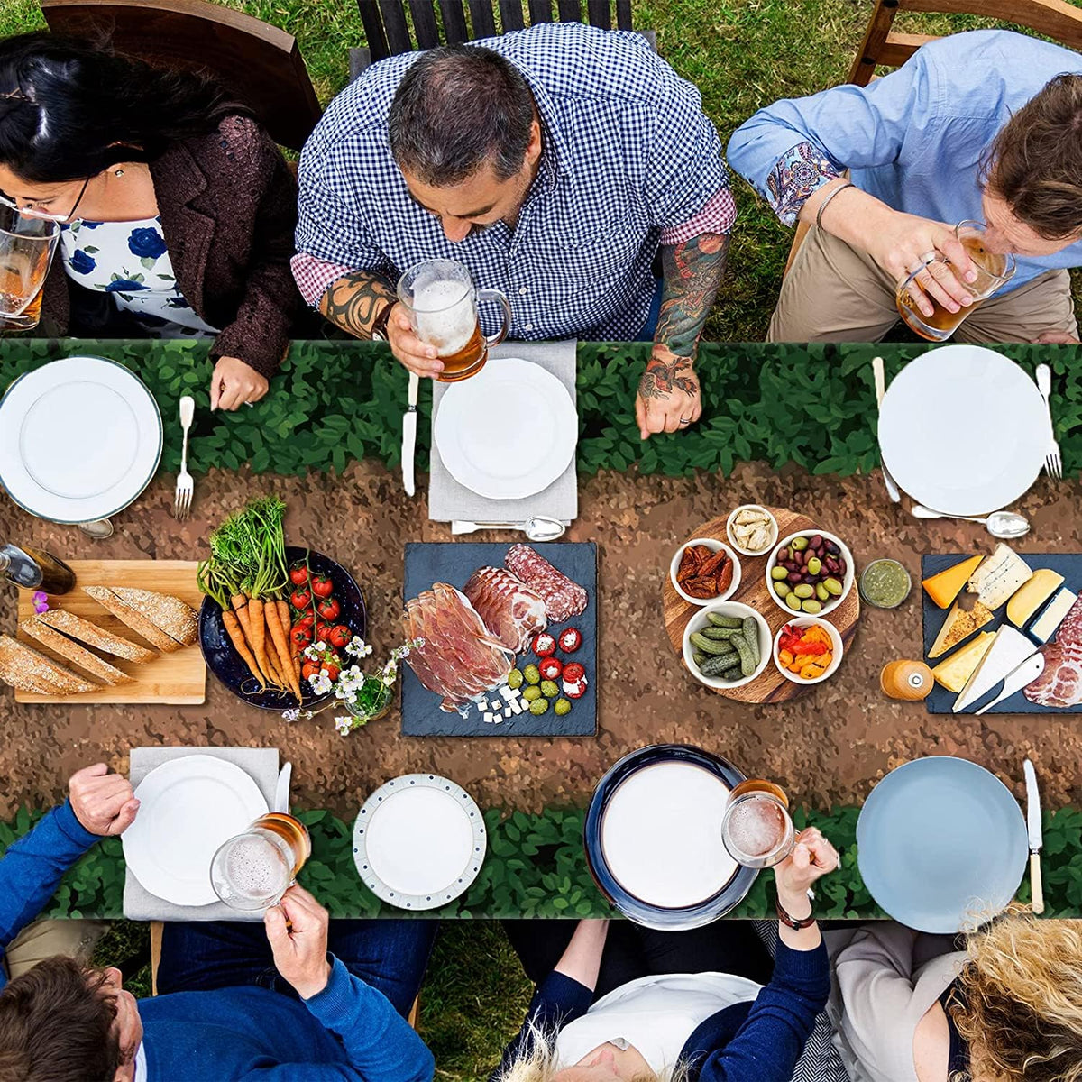 Chiazllta waterproof disposable forest tablecloth protects tables during snacks and drinks.