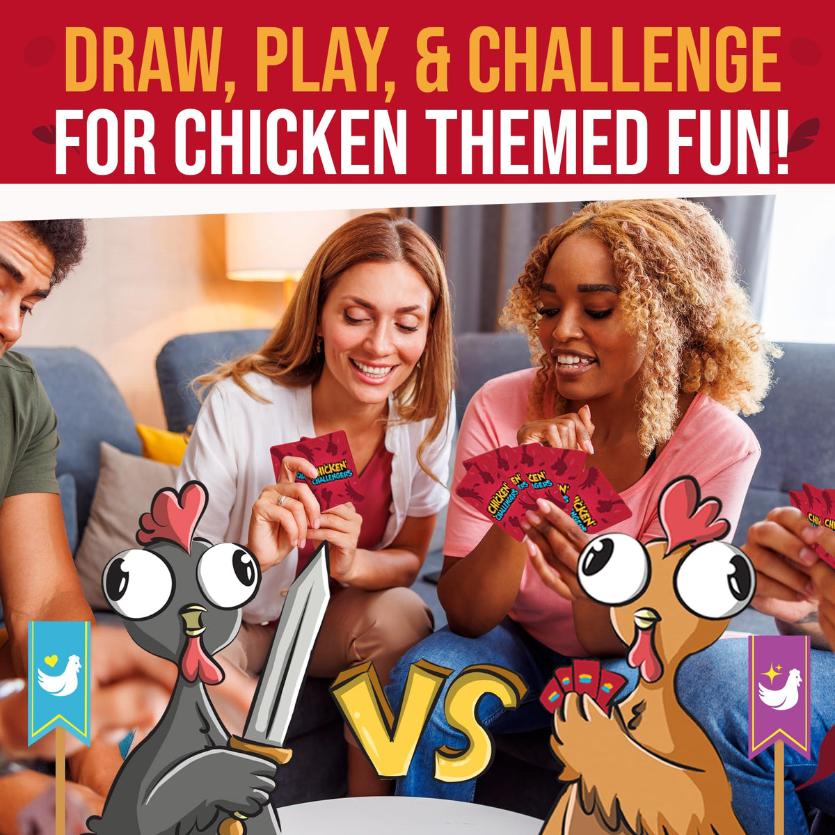 Chicken Challengers challenge cards illustrate silly prompts for fun
