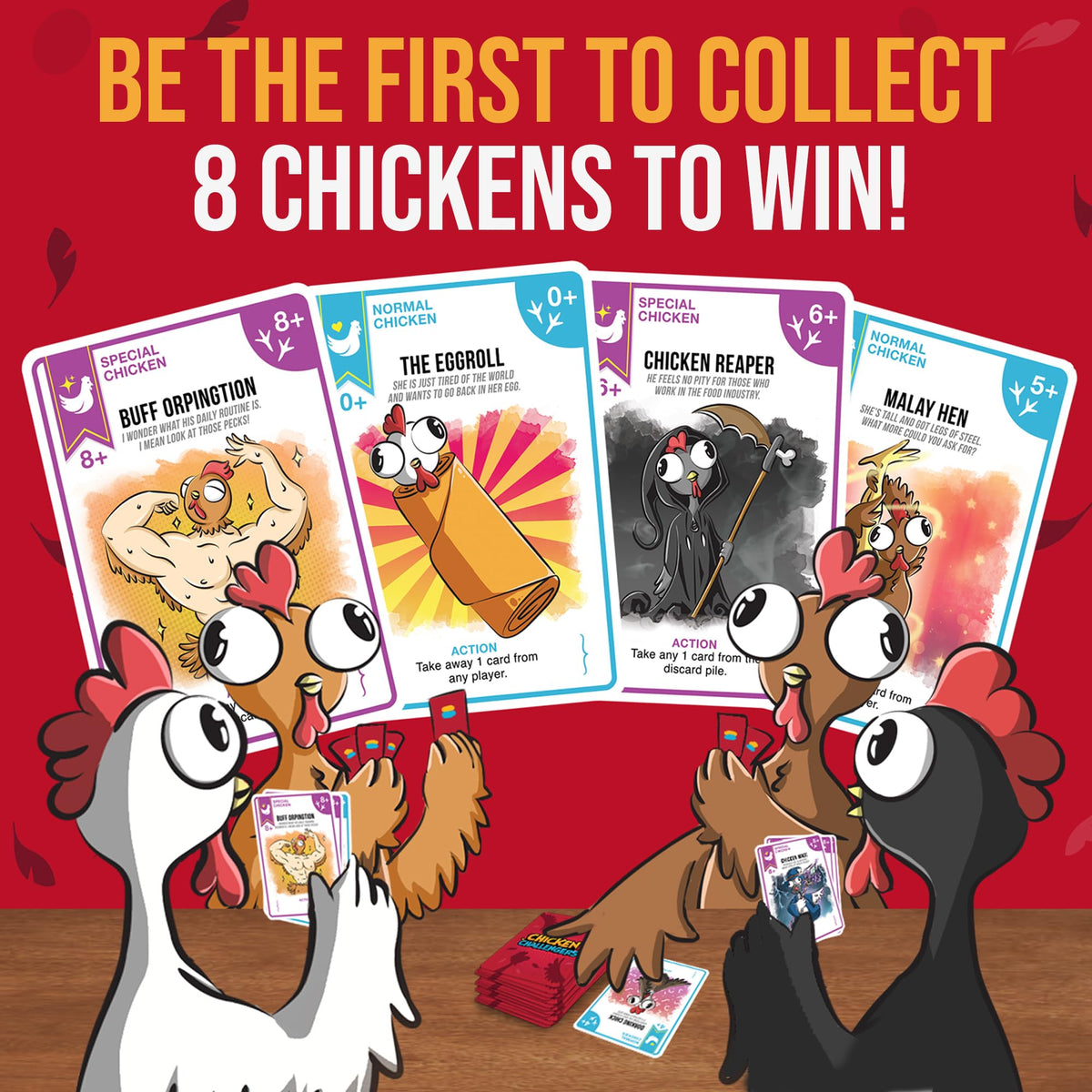 Chicken Challengers counter cards show bold symbols for strategic moves